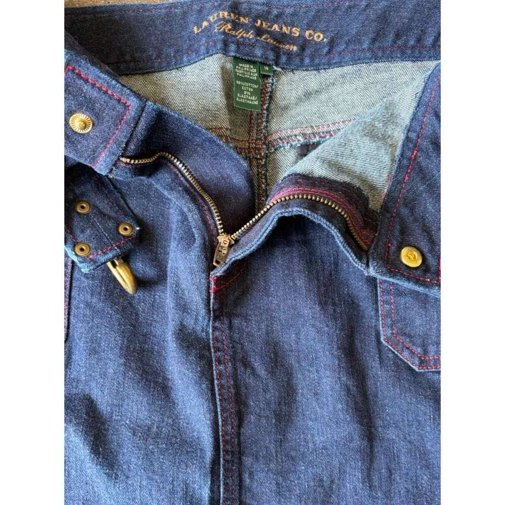 Lauren Jeans by Ralph Lauren Skirt Denim Brass Hardware Dark Wash Red Stitching